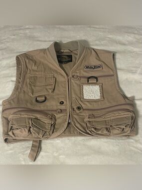 White River Fly Shop Youth Medium Fishing Vest Khaki Tan Many Pockets Zip